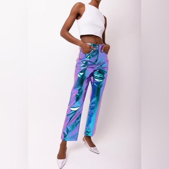 NEW AMYLYNN USA Lupe Purple Iridescent Metallic Faux Leather Trousers Size L - Picture 2 of 12